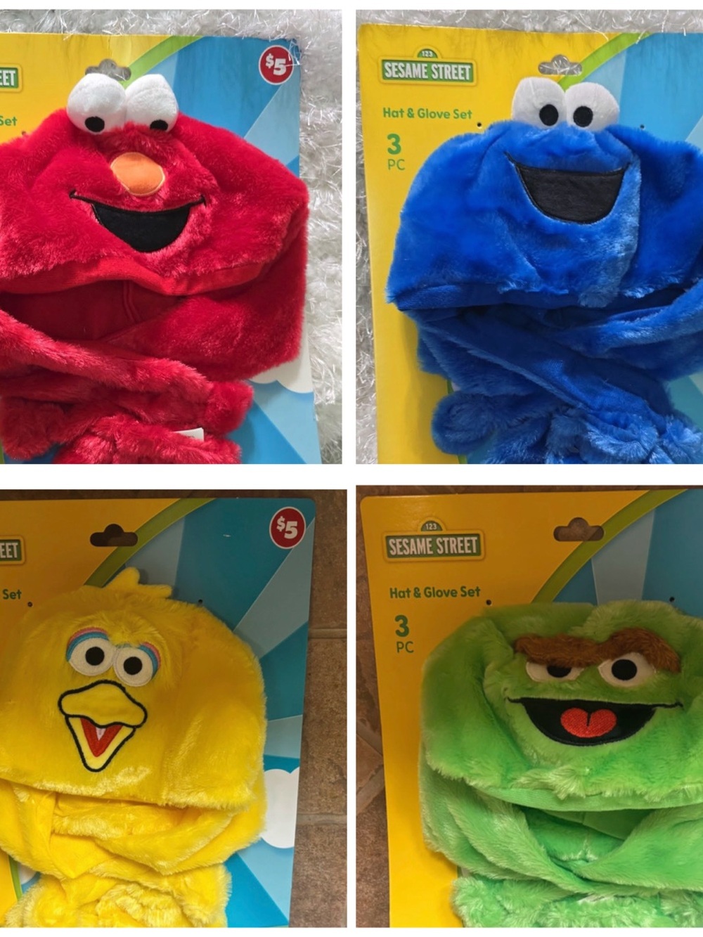 Sesame Street Plush Character Hat & Glove Sets - Red, Blue, Yellow, Green